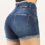 SHORT DENIM, TIRO ALTO PRETINA FLECADA REF: 5017